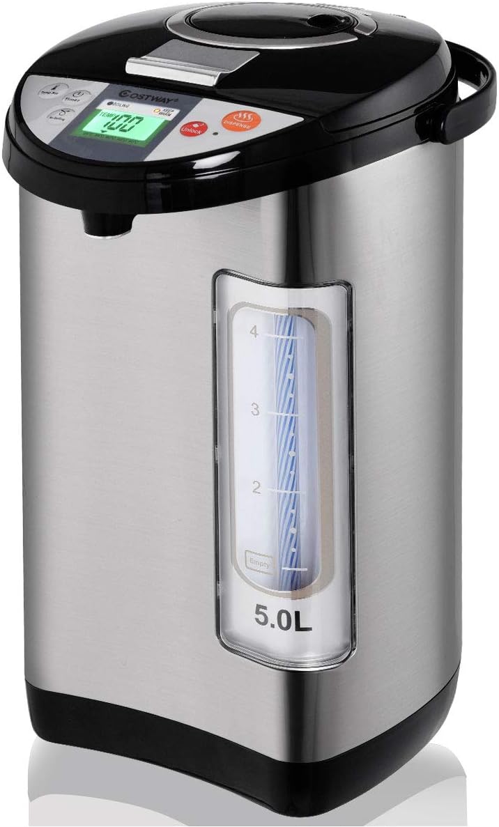 Costway Instant Electric Hot Water Boiler and Warmer, 5-Liter LCD Water Pot with 5 Stage Temperature Settings, Safety Lock to Prevent Spillage, Stainless Steel Hot Water Dispenser