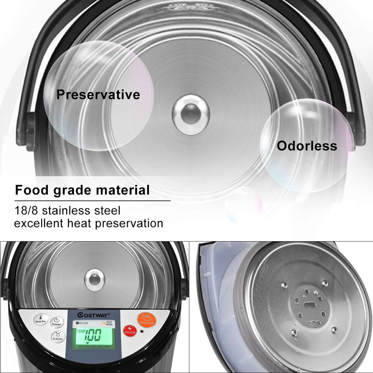 Costway Instant Electric Hot Water Boiler and Warmer, 5-Liter LCD Water Pot with 5 Stage Temperature Settings, Safety Lock to Prevent Spillage, Stainless Steel Hot Water Dispenser - Image 4