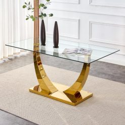 HomVent Contemporary Glass Top Rectangular Kitchen Dining Table, 0.39 Clear Tempered Glass Top Kitchen Table with Stainless Steel Base, Home Office Kitchen Dining Room Table Furniture(C, Gold Base)